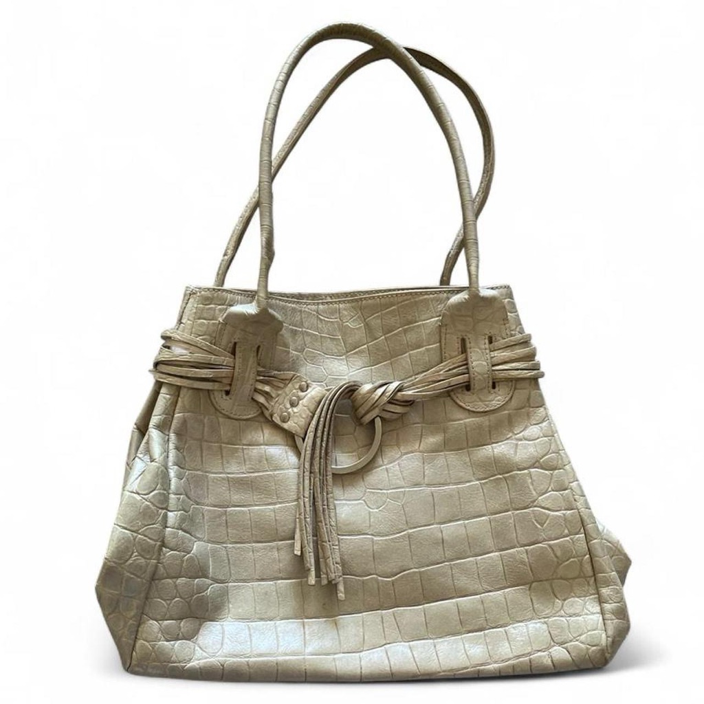 Y2k Designer Roberta Gandolfi Shimmery Cream Croc-Embossed Tote Bag